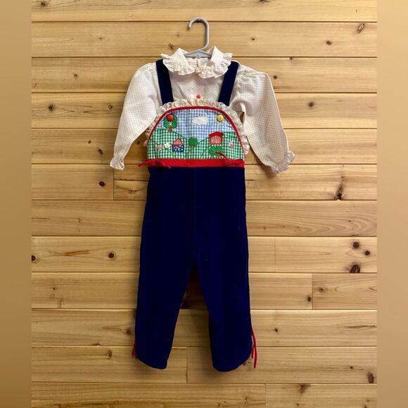 Vintage Girl 2T Farm Cottagecore Embroidered Corduroy Overall Ruffle Top Set - Picture 1 of 12